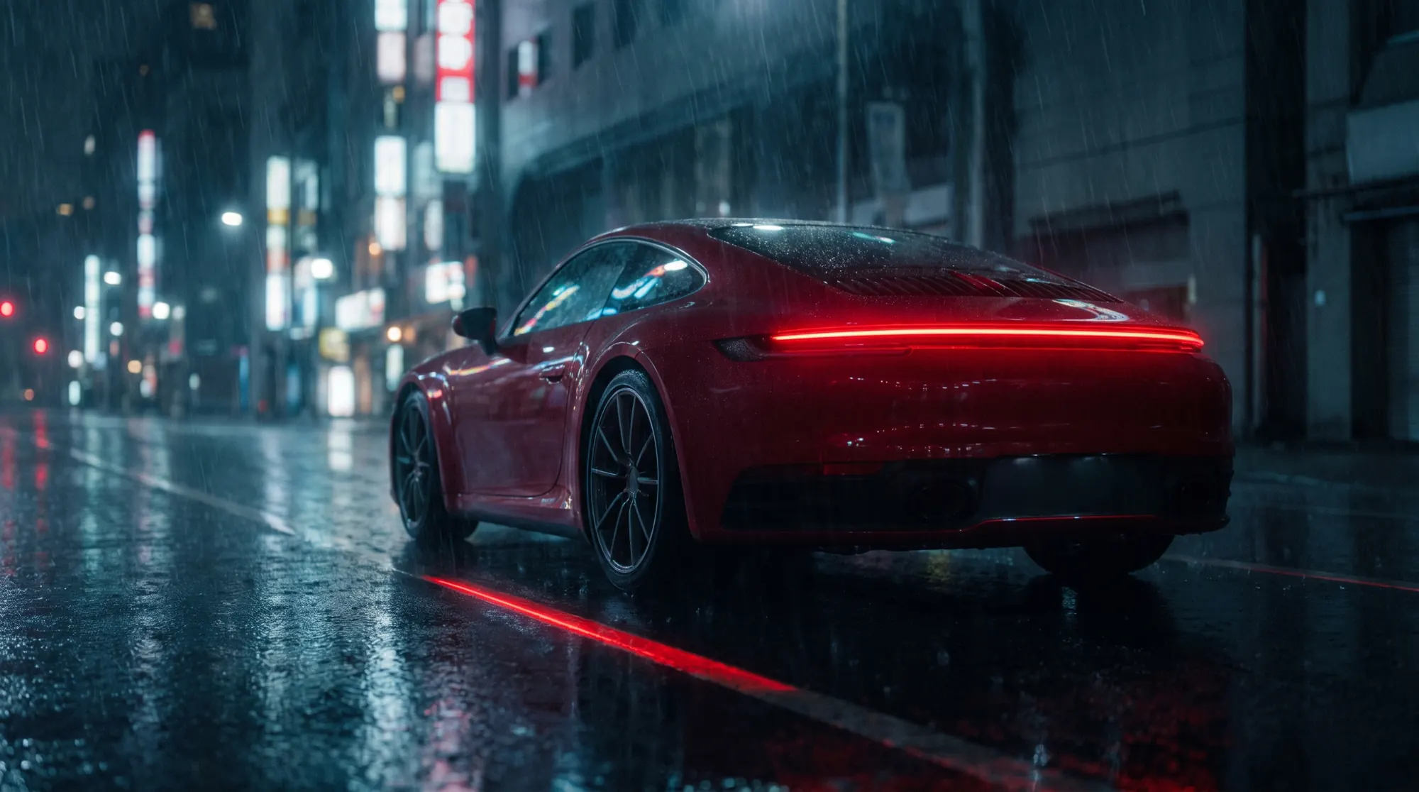 Red sports coupe on a wet street at night