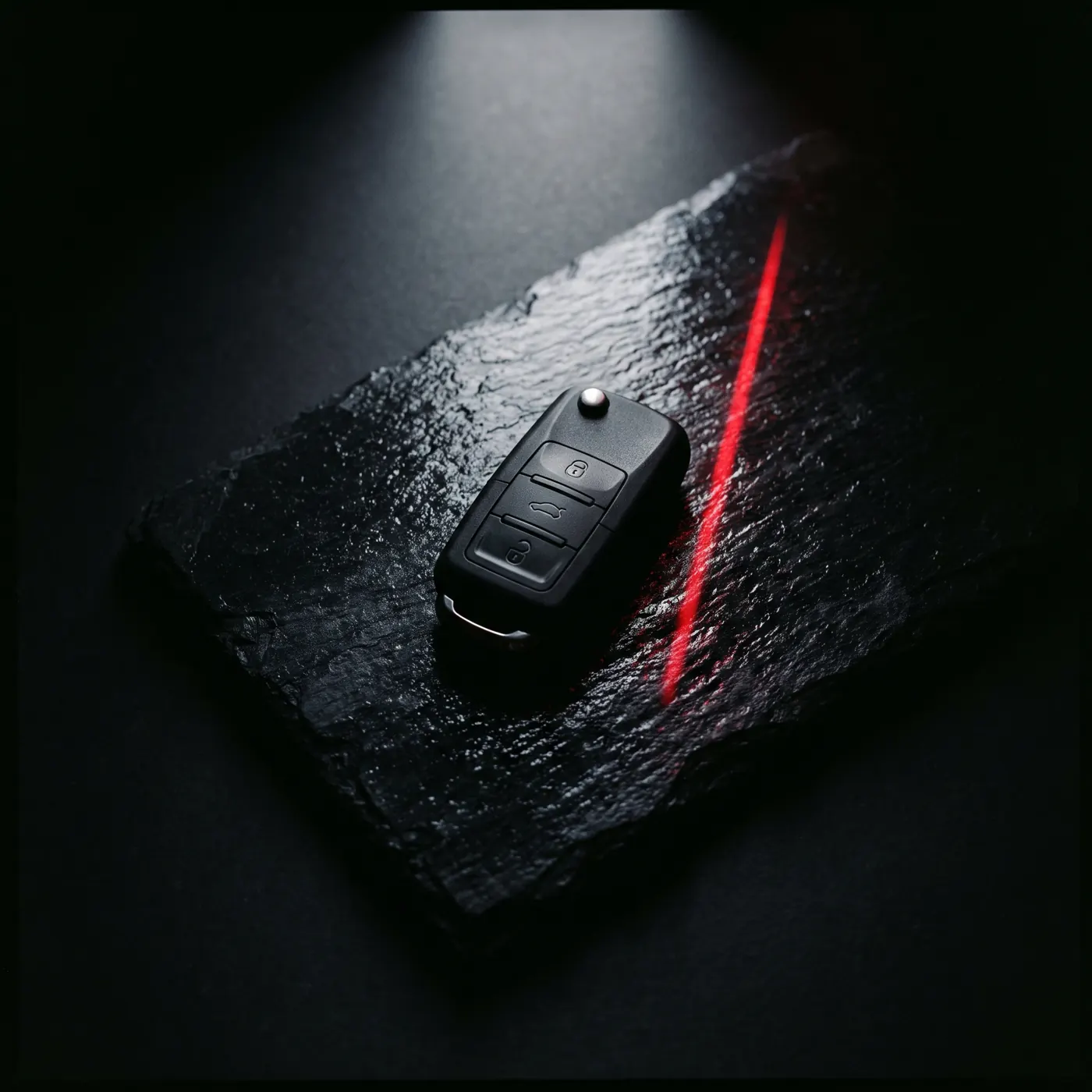 Car key on dark stone with a red line of light